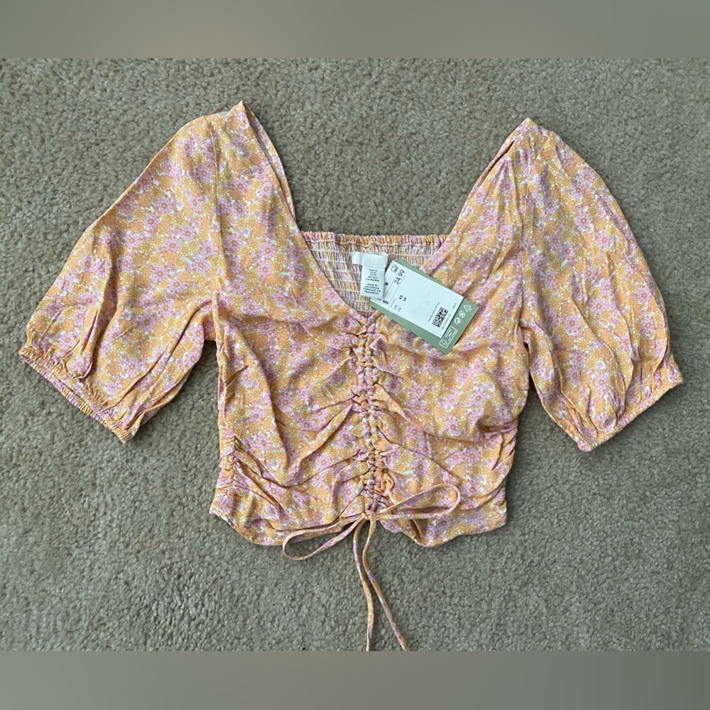 NWT H&M V-neck Drawstring Floral Blouse XS